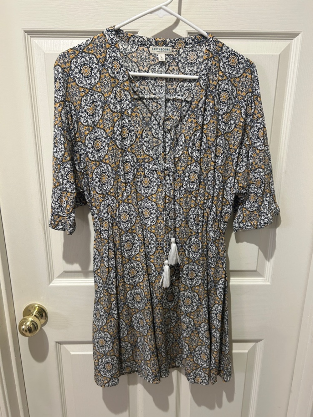 EARTHBOUND Mustard & Navy Medallion V-Neck Midi Dress with Tassel - Picture 2 of 4